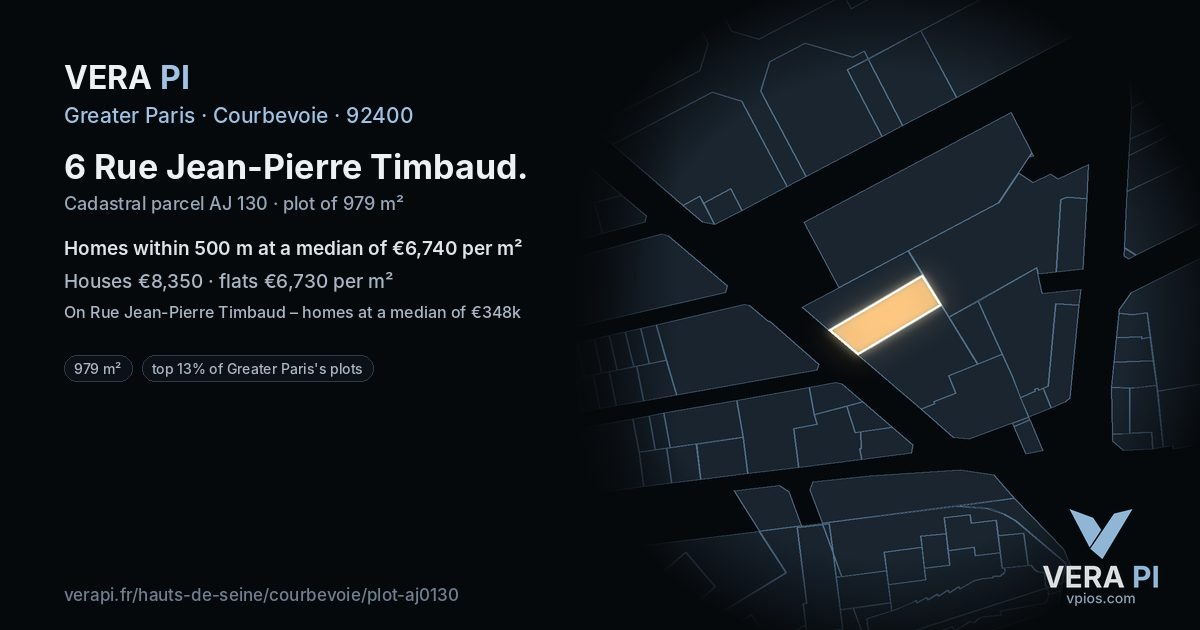 6 Rue Jean-Pierre Timbaud, Courbevoie at night – the plot lit, the parcels around coloured by the prices near them
