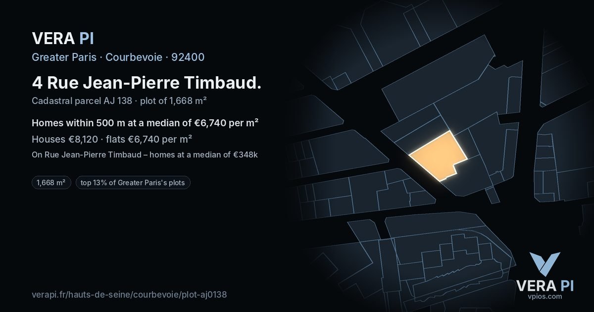 4 Rue Jean-Pierre Timbaud, Courbevoie at night – the plot lit, the parcels around coloured by the prices near them