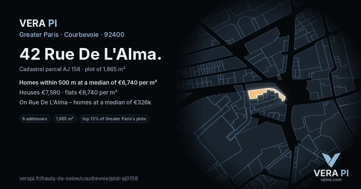 42 Rue De L'Alma, Courbevoie at night – the plot lit, the parcels around coloured by the prices near them