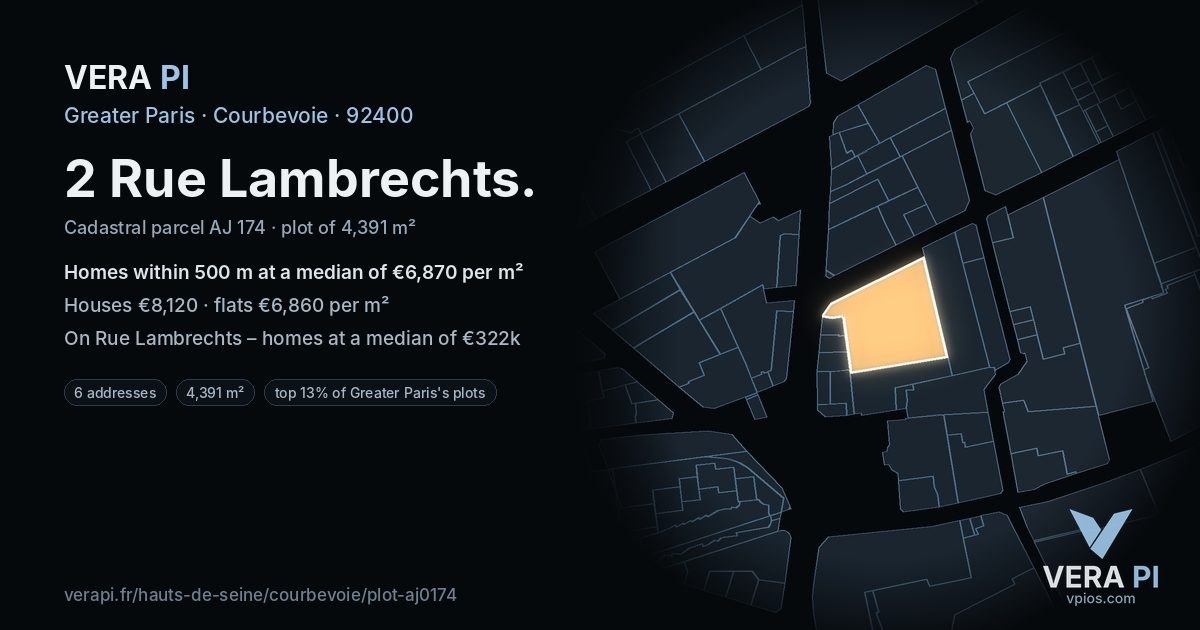2 Rue Lambrechts, Courbevoie at night – the plot lit, the parcels around coloured by the prices near them