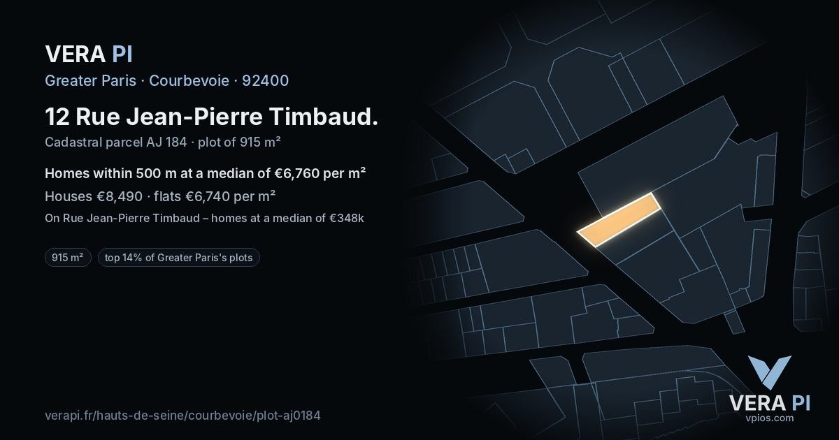 12 Rue Jean-Pierre Timbaud, Courbevoie at night – the plot lit, the parcels around coloured by the prices near them