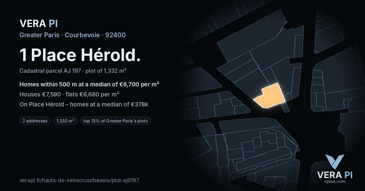 1 Place Hérold, Courbevoie at night – the plot lit, the parcels around coloured by the prices near them