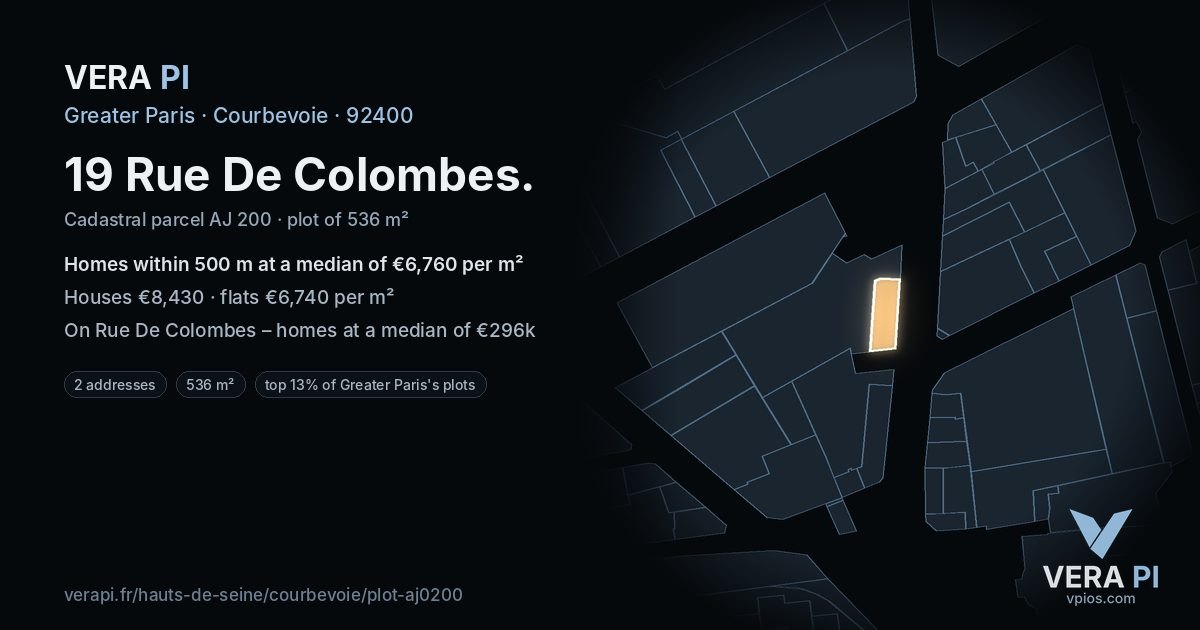 19 Rue De Colombes, Courbevoie at night – the plot lit, the parcels around coloured by the prices near them