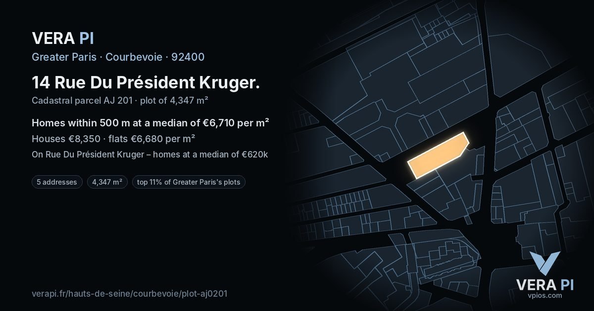 14 Rue Du Président Kruger, Courbevoie at night – the plot lit, the parcels around coloured by the prices near them