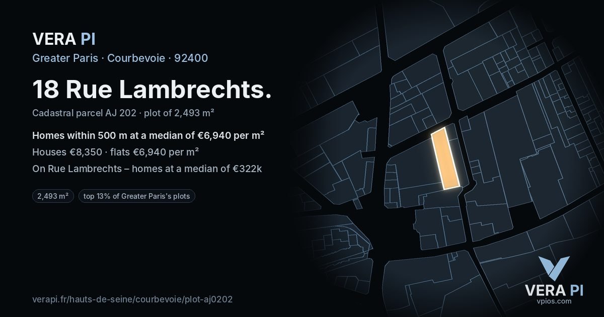 18 Rue Lambrechts, Courbevoie at night – the plot lit, the parcels around coloured by the prices near them