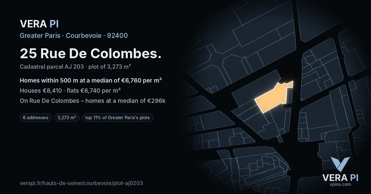 25 Rue De Colombes, Courbevoie at night – the plot lit, the parcels around coloured by the prices near them