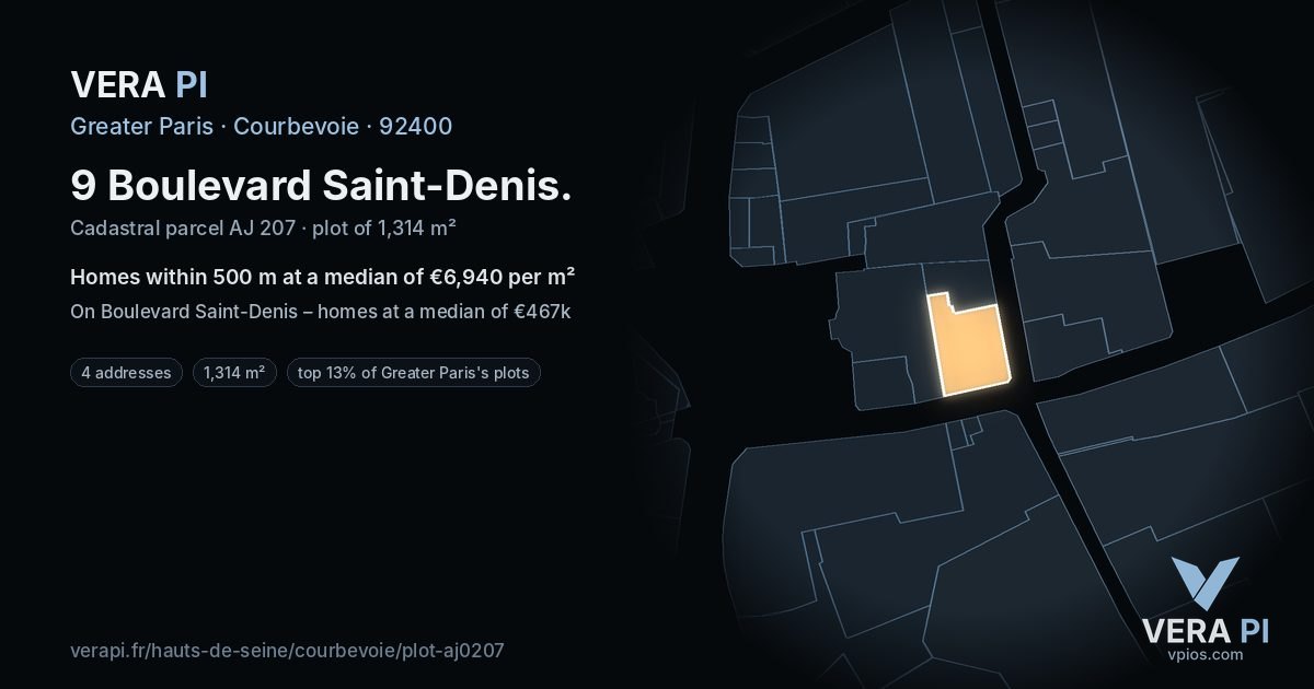9 Boulevard Saint-Denis, Courbevoie at night – the plot lit, the parcels around coloured by the prices near them
