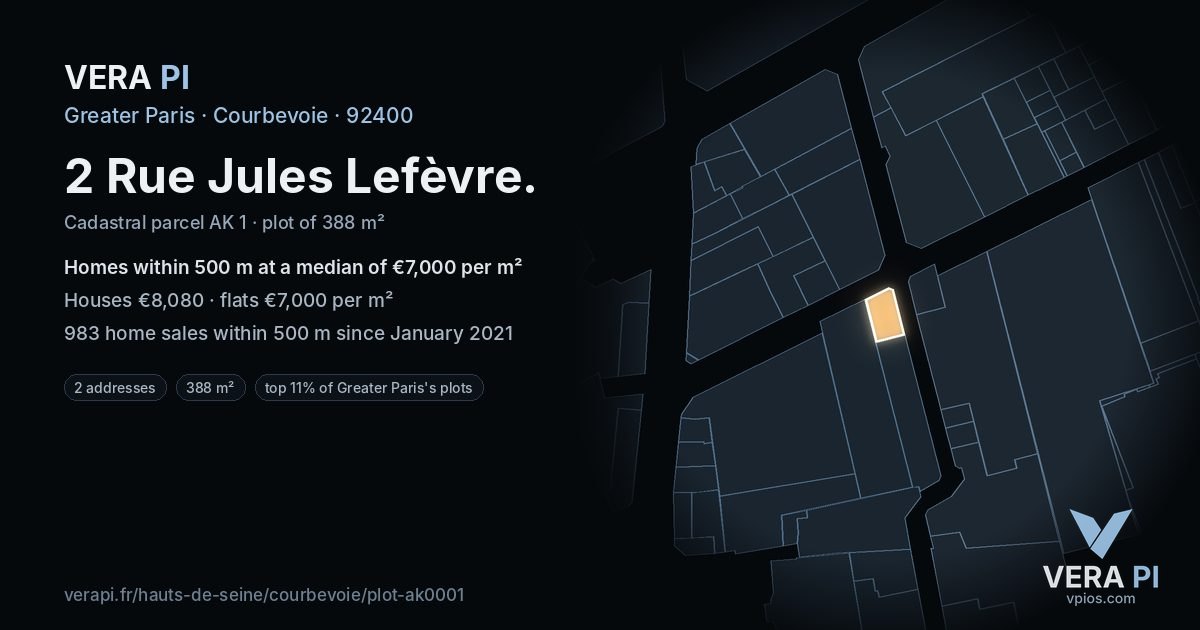 2 Rue Jules Lefèvre, Courbevoie at night – the plot lit, the parcels around coloured by the prices near them