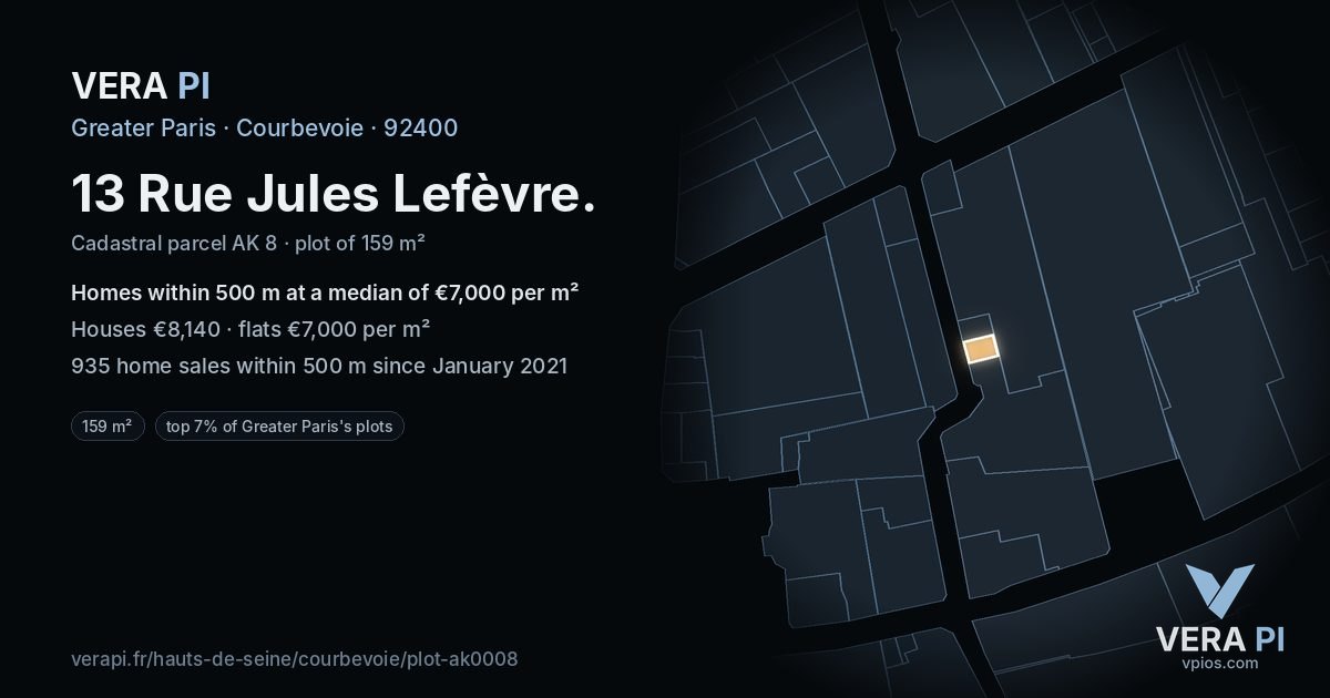 13 Rue Jules Lefèvre, Courbevoie at night – the plot lit, the parcels around coloured by the prices near them