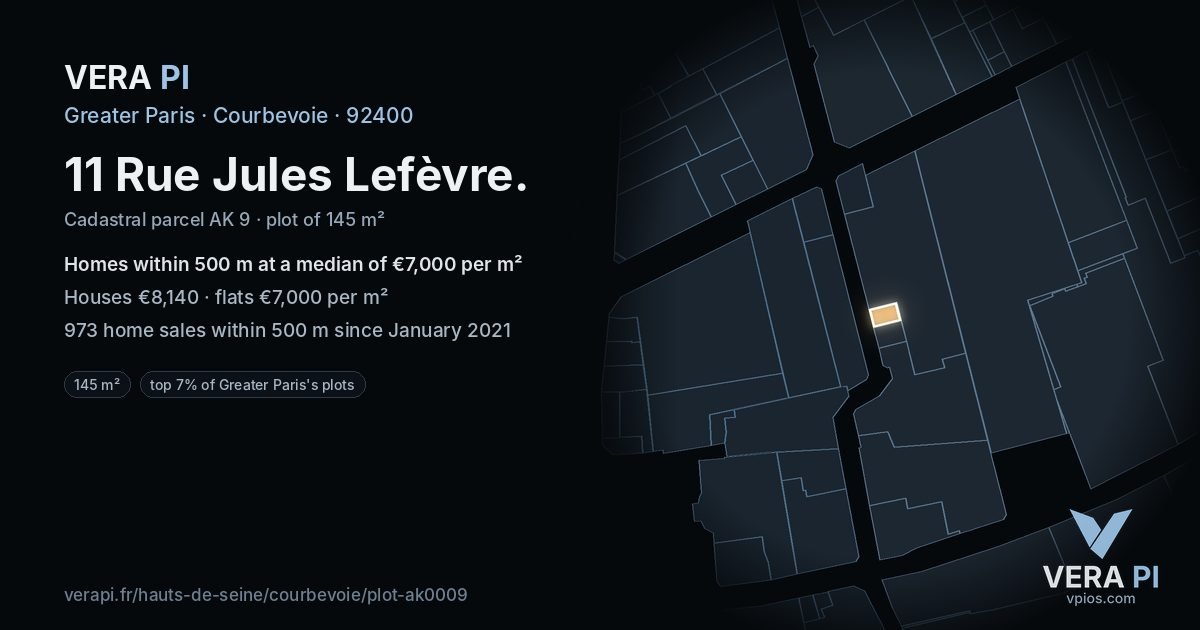 11 Rue Jules Lefèvre, Courbevoie at night – the plot lit, the parcels around coloured by the prices near them