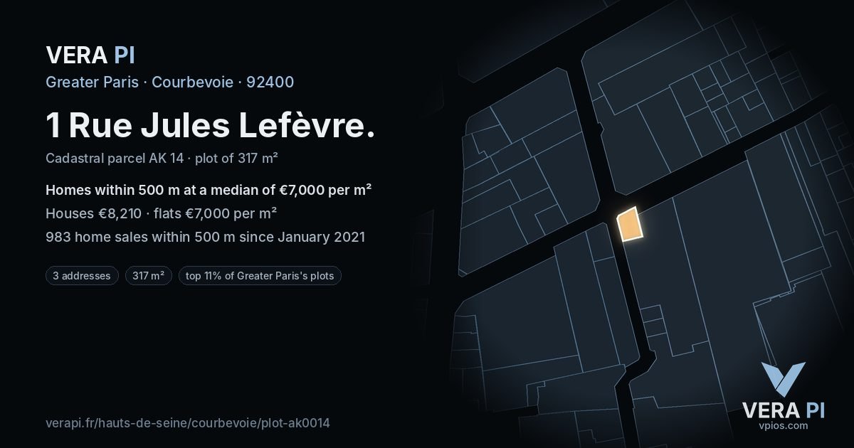 1 Rue Jules Lefèvre, Courbevoie at night – the plot lit, the parcels around coloured by the prices near them
