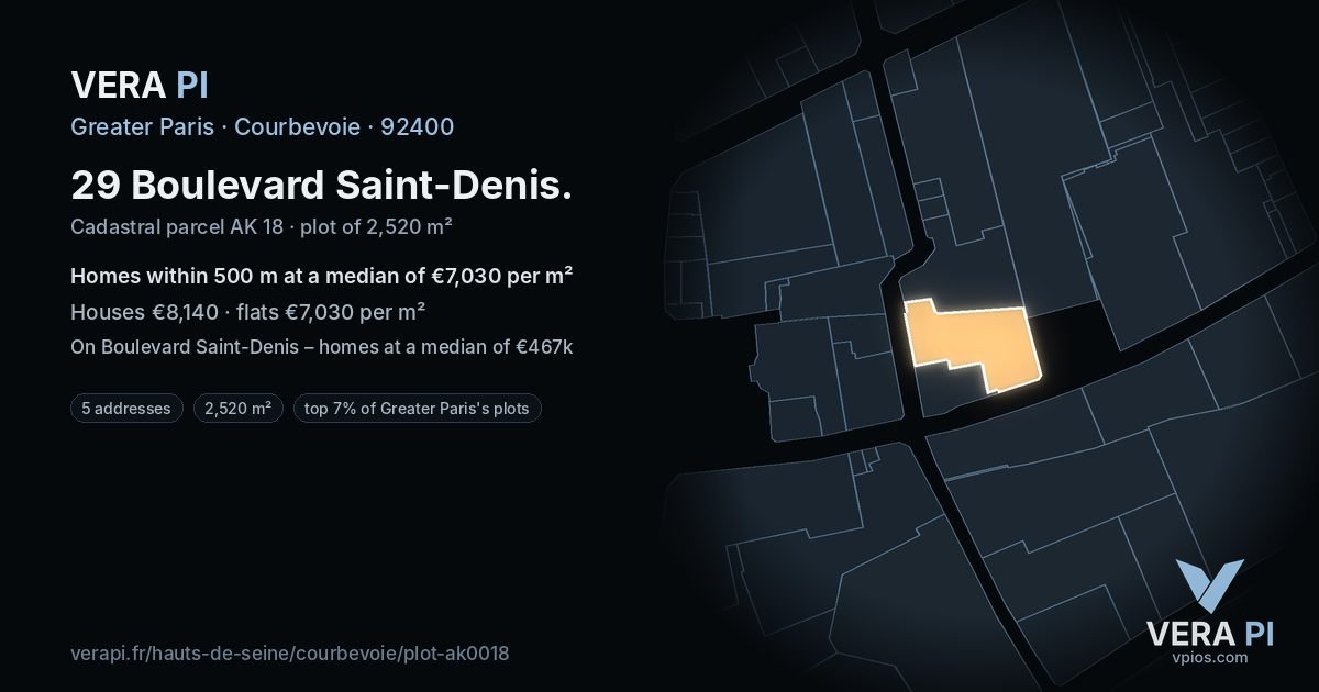 29 Boulevard Saint-Denis, Courbevoie at night – the plot lit, the parcels around coloured by the prices near them