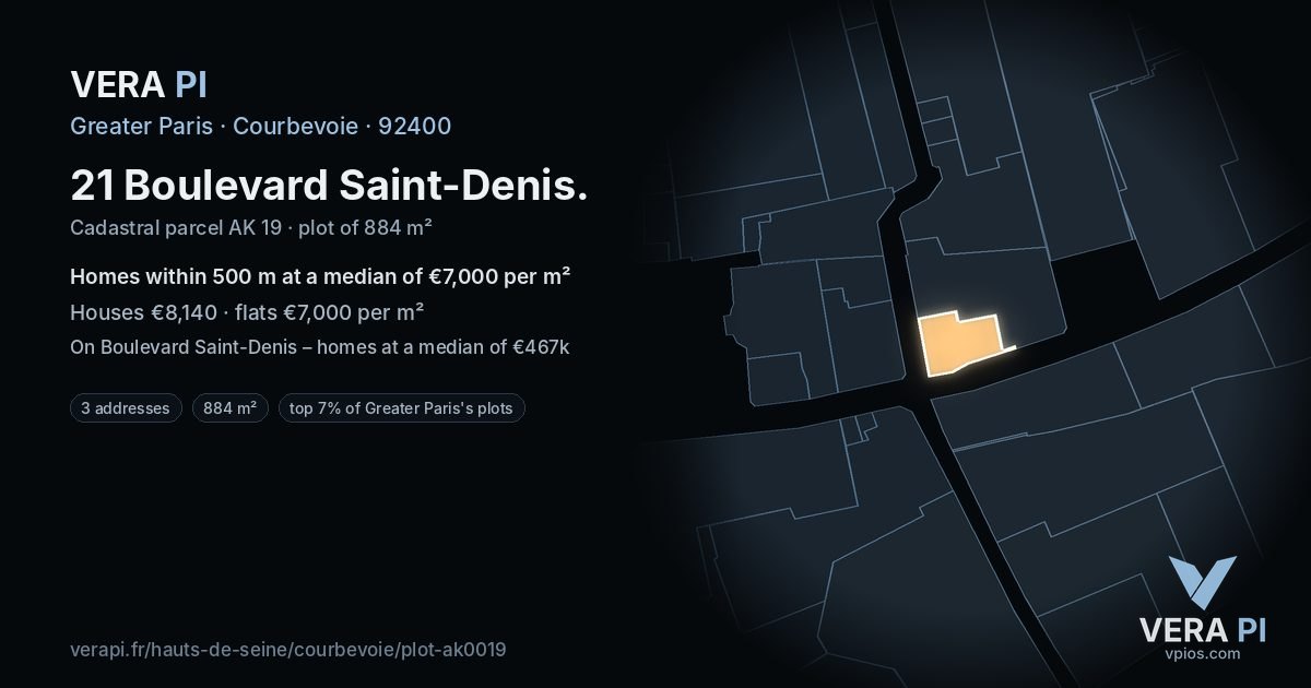 21 Boulevard Saint-Denis, Courbevoie at night – the plot lit, the parcels around coloured by the prices near them