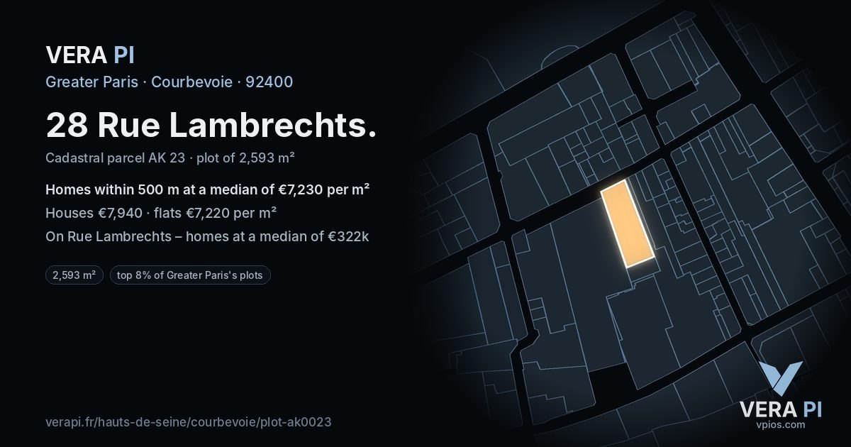 28 Rue Lambrechts, Courbevoie at night – the plot lit, the parcels around coloured by the prices near them