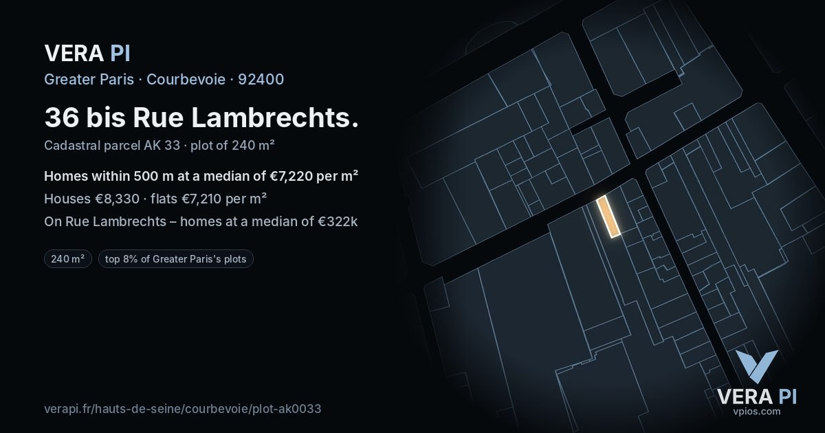 36 bis Rue Lambrechts, Courbevoie at night – the plot lit, the parcels around coloured by the prices near them