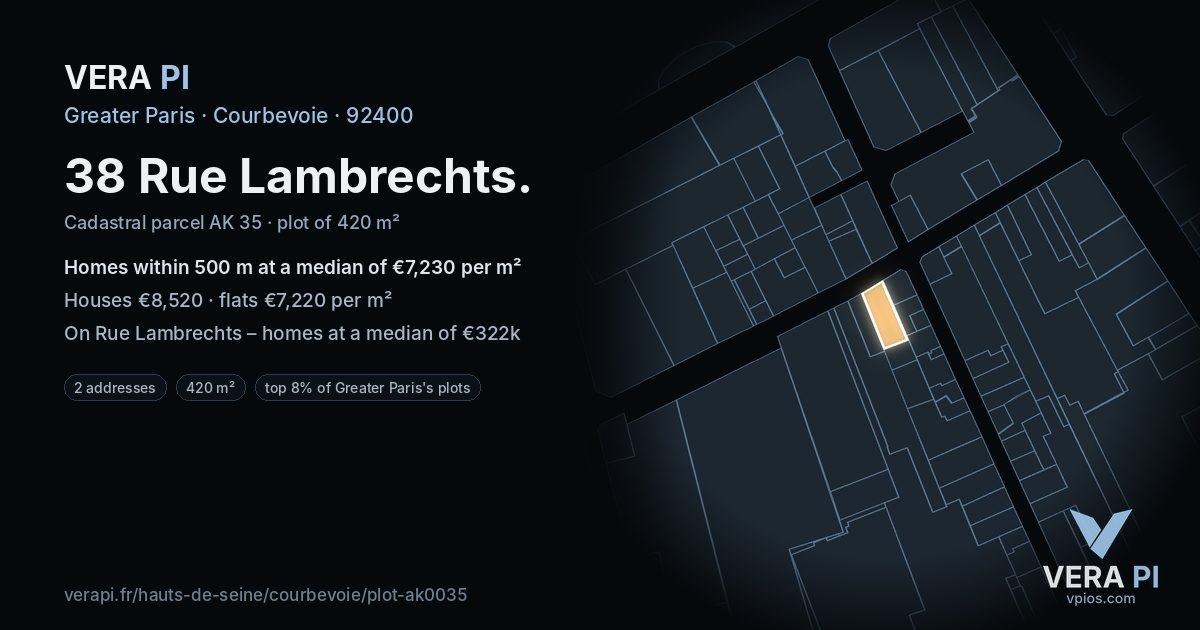 38 Rue Lambrechts, Courbevoie at night – the plot lit, the parcels around coloured by the prices near them