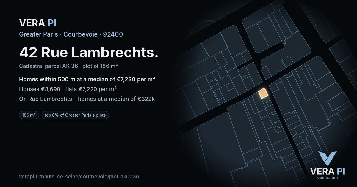 42 Rue Lambrechts, Courbevoie at night – the plot lit, the parcels around coloured by the prices near them