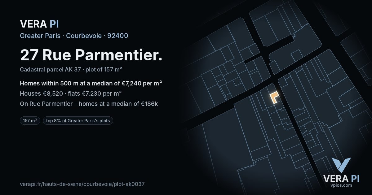 27 Rue Parmentier, Courbevoie at night – the plot lit, the parcels around coloured by the prices near them