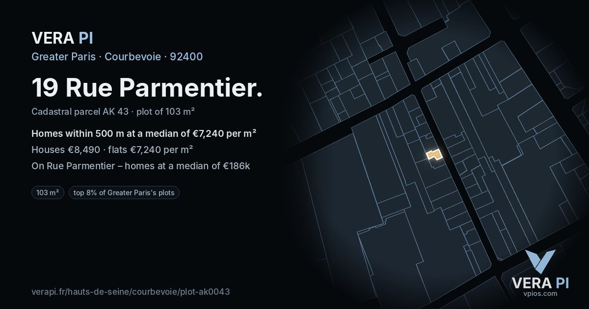 19 Rue Parmentier, Courbevoie at night – the plot lit, the parcels around coloured by the prices near them