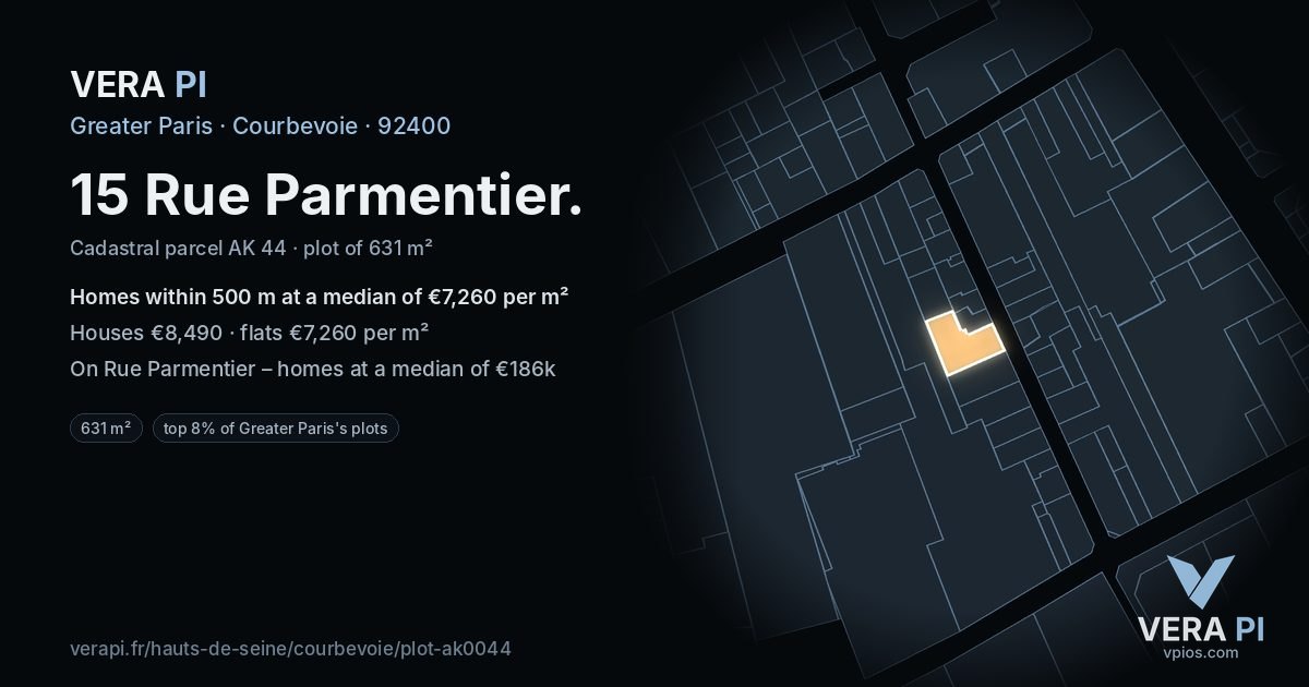 15 Rue Parmentier, Courbevoie at night – the plot lit, the parcels around coloured by the prices near them