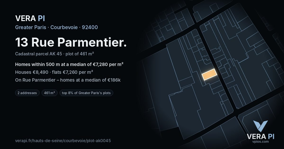 13 Rue Parmentier, Courbevoie at night – the plot lit, the parcels around coloured by the prices near them
