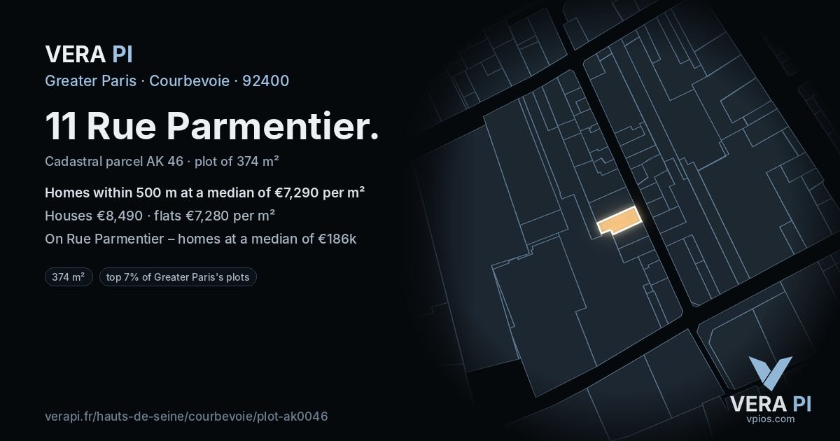 11 Rue Parmentier, Courbevoie at night – the plot lit, the parcels around coloured by the prices near them