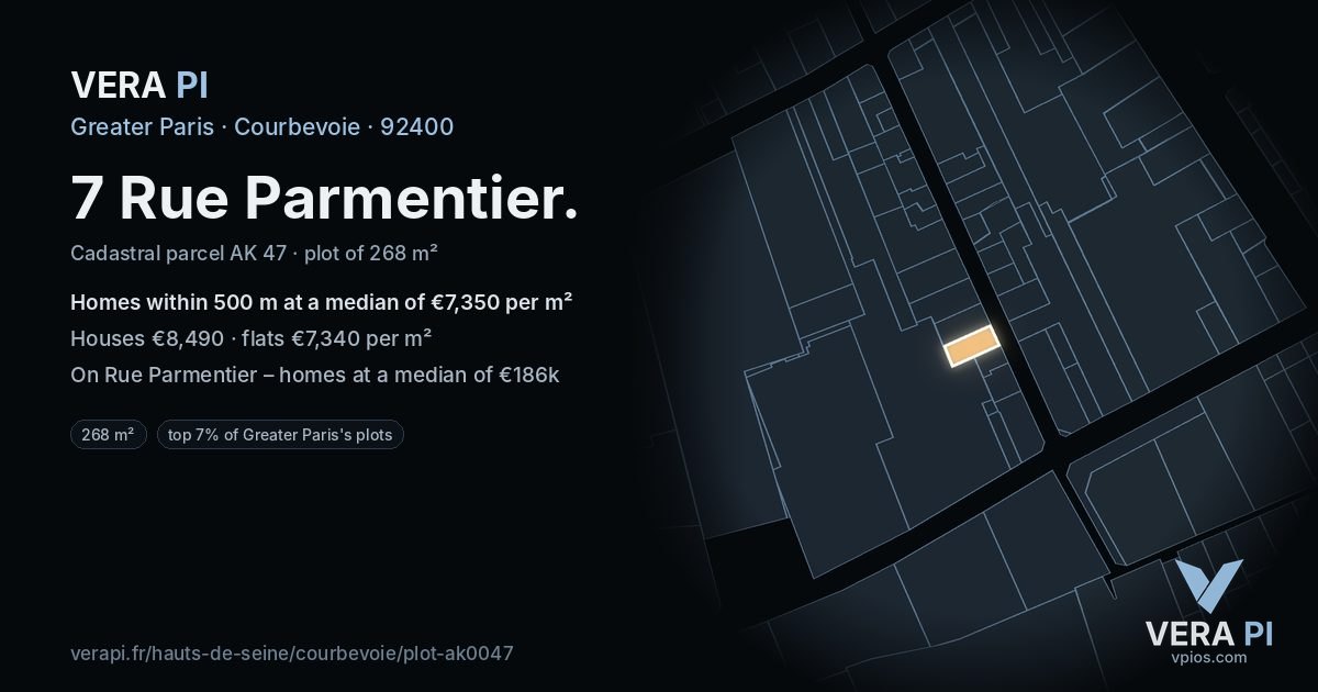7 Rue Parmentier, Courbevoie at night – the plot lit, the parcels around coloured by the prices near them