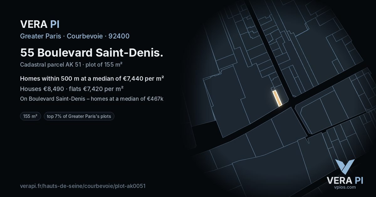 55 Boulevard Saint-Denis, Courbevoie at night – the plot lit, the parcels around coloured by the prices near them