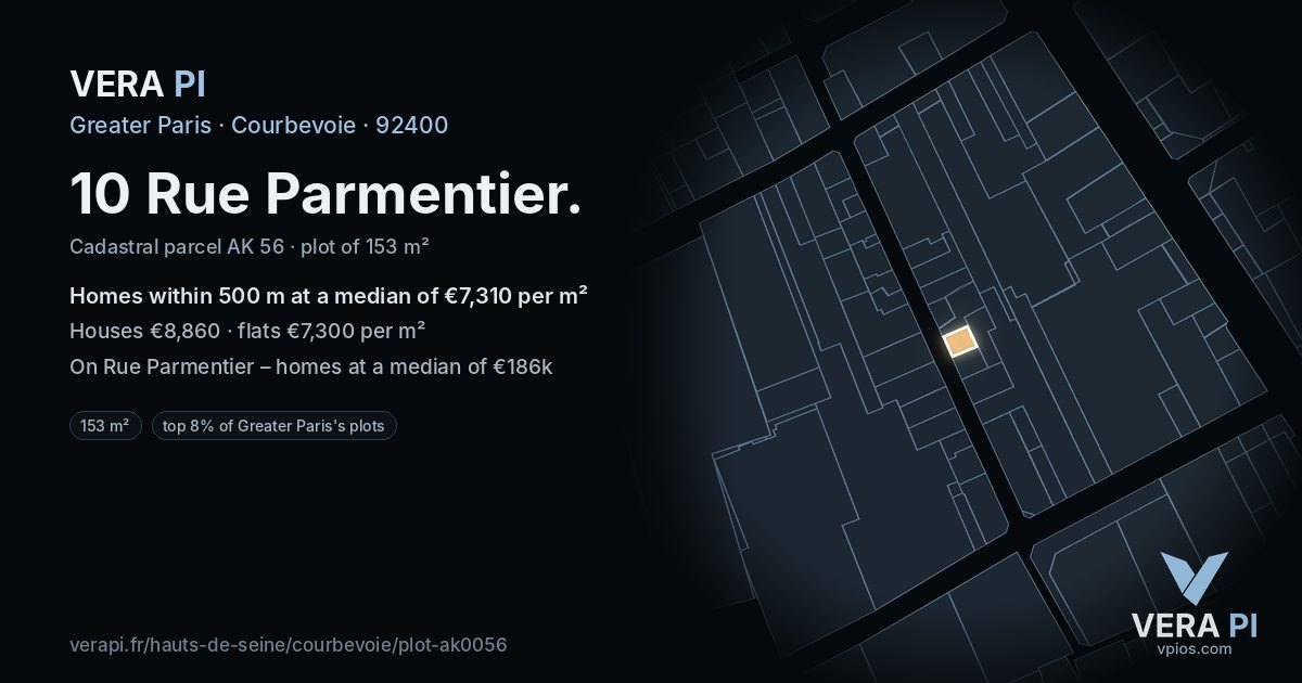 10 Rue Parmentier, Courbevoie at night – the plot lit, the parcels around coloured by the prices near them