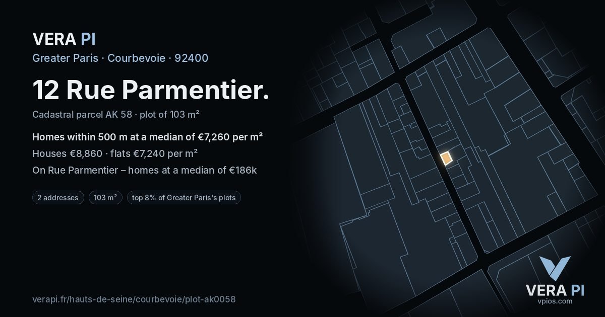 12 Rue Parmentier, Courbevoie at night – the plot lit, the parcels around coloured by the prices near them