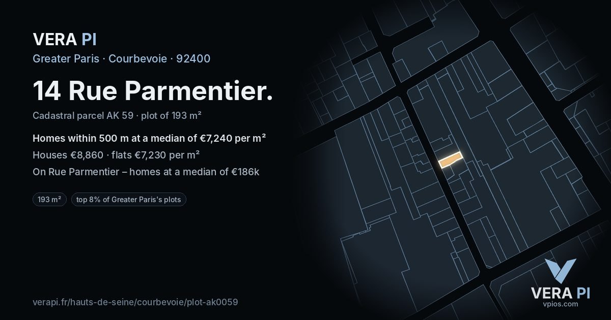 14 Rue Parmentier, Courbevoie at night – the plot lit, the parcels around coloured by the prices near them