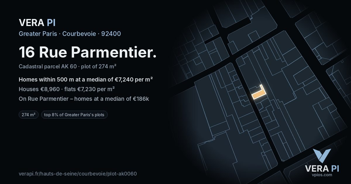 16 Rue Parmentier, Courbevoie at night – the plot lit, the parcels around coloured by the prices near them