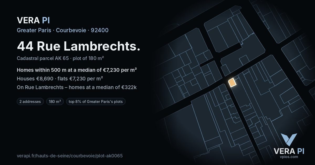 44 Rue Lambrechts, Courbevoie at night – the plot lit, the parcels around coloured by the prices near them