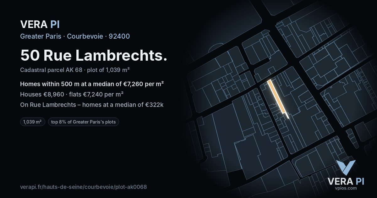 50 Rue Lambrechts, Courbevoie at night – the plot lit, the parcels around coloured by the prices near them