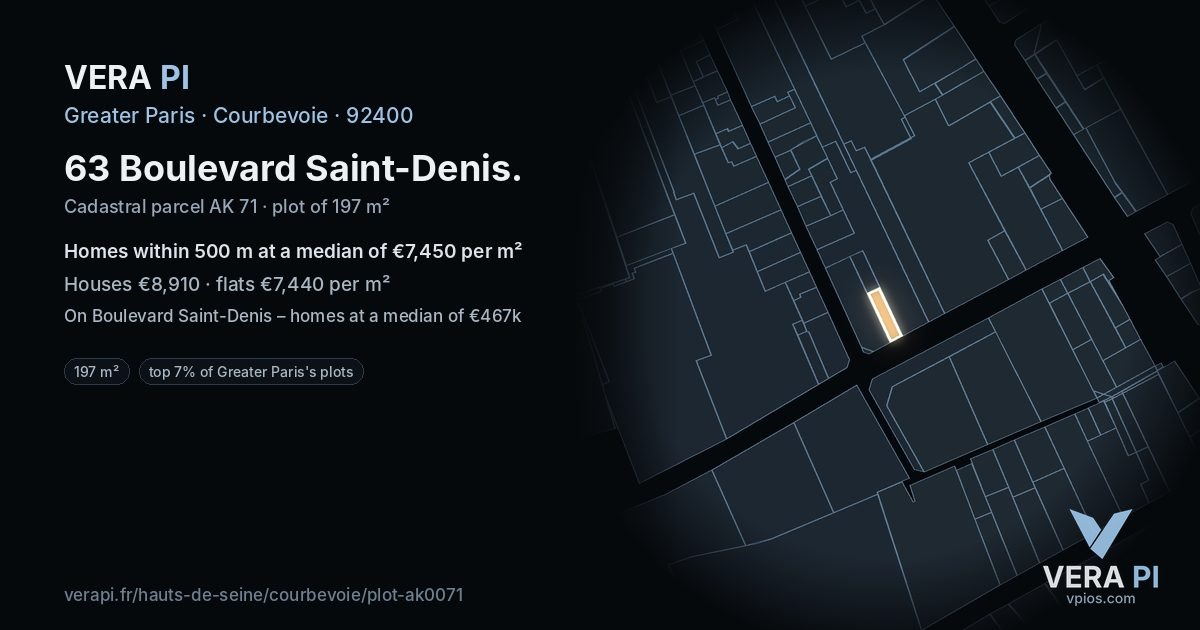63 Boulevard Saint-Denis, Courbevoie at night – the plot lit, the parcels around coloured by the prices near them