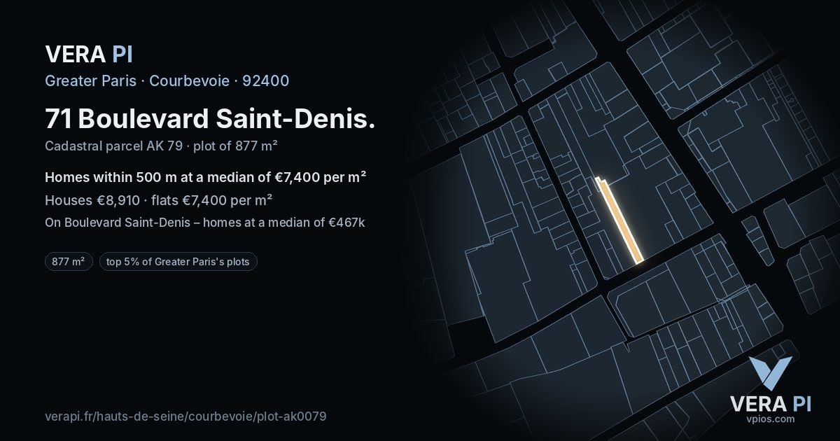 71 Boulevard Saint-Denis, Courbevoie at night – the plot lit, the parcels around coloured by the prices near them