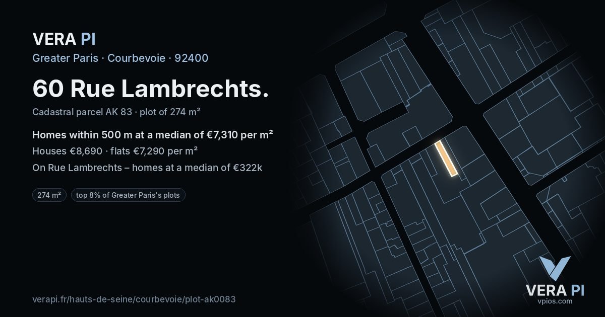 60 Rue Lambrechts, Courbevoie at night – the plot lit, the parcels around coloured by the prices near them