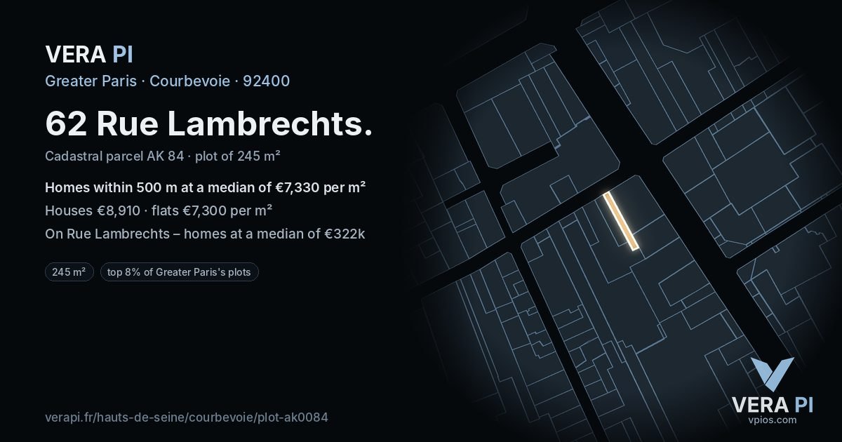 62 Rue Lambrechts, Courbevoie at night – the plot lit, the parcels around coloured by the prices near them