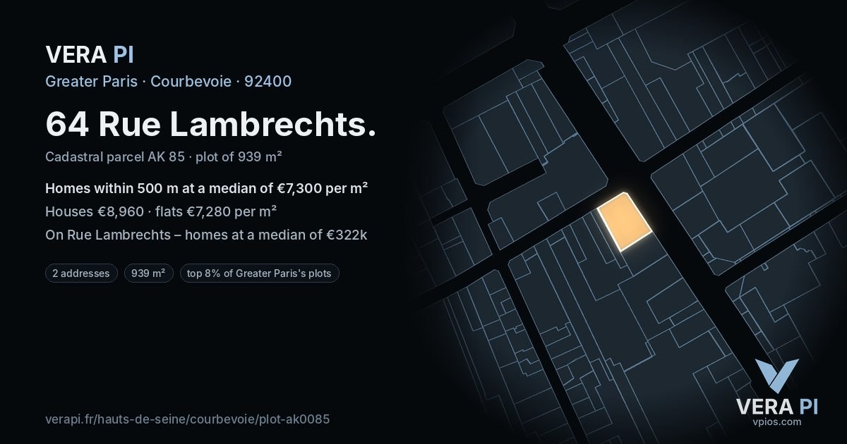64 Rue Lambrechts, Courbevoie at night – the plot lit, the parcels around coloured by the prices near them