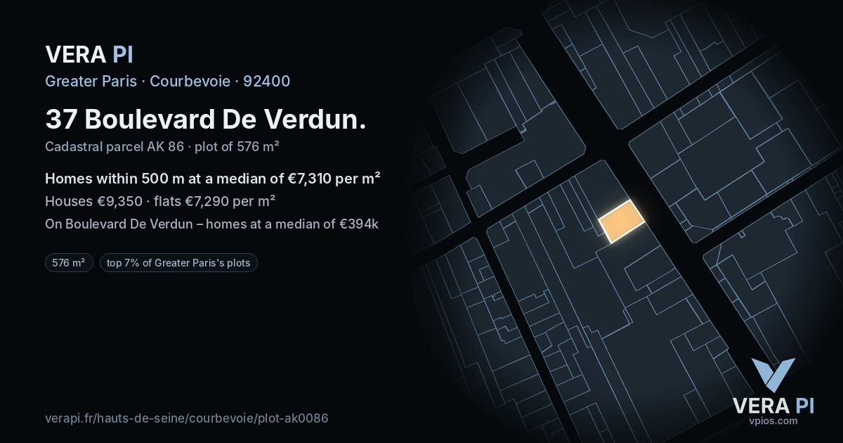 37 Boulevard De Verdun, Courbevoie at night – the plot lit, the parcels around coloured by the prices near them
