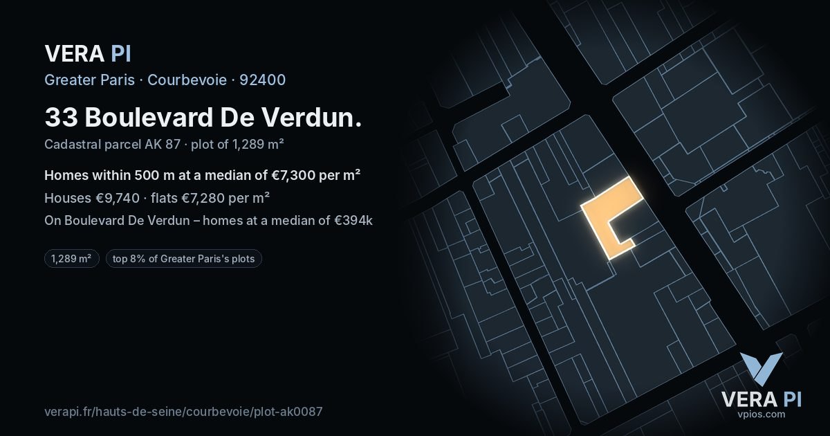 33 Boulevard De Verdun, Courbevoie at night – the plot lit, the parcels around coloured by the prices near them