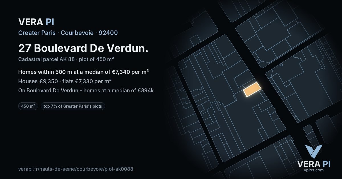27 Boulevard De Verdun, Courbevoie at night – the plot lit, the parcels around coloured by the prices near them