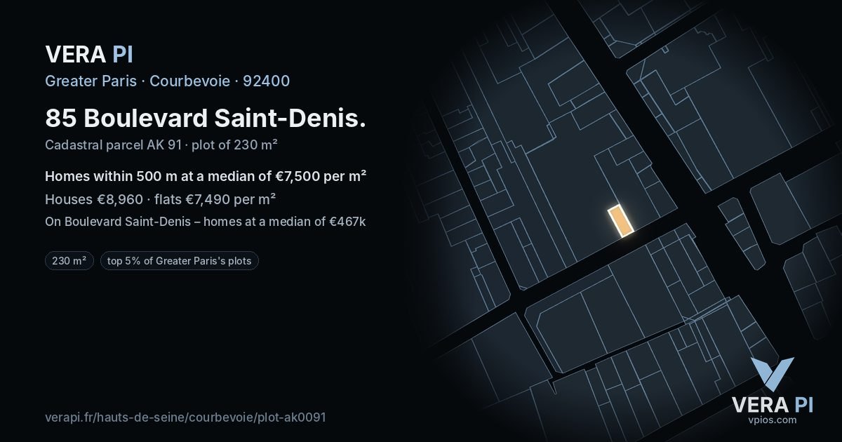 85 Boulevard Saint-Denis, Courbevoie at night – the plot lit, the parcels around coloured by the prices near them