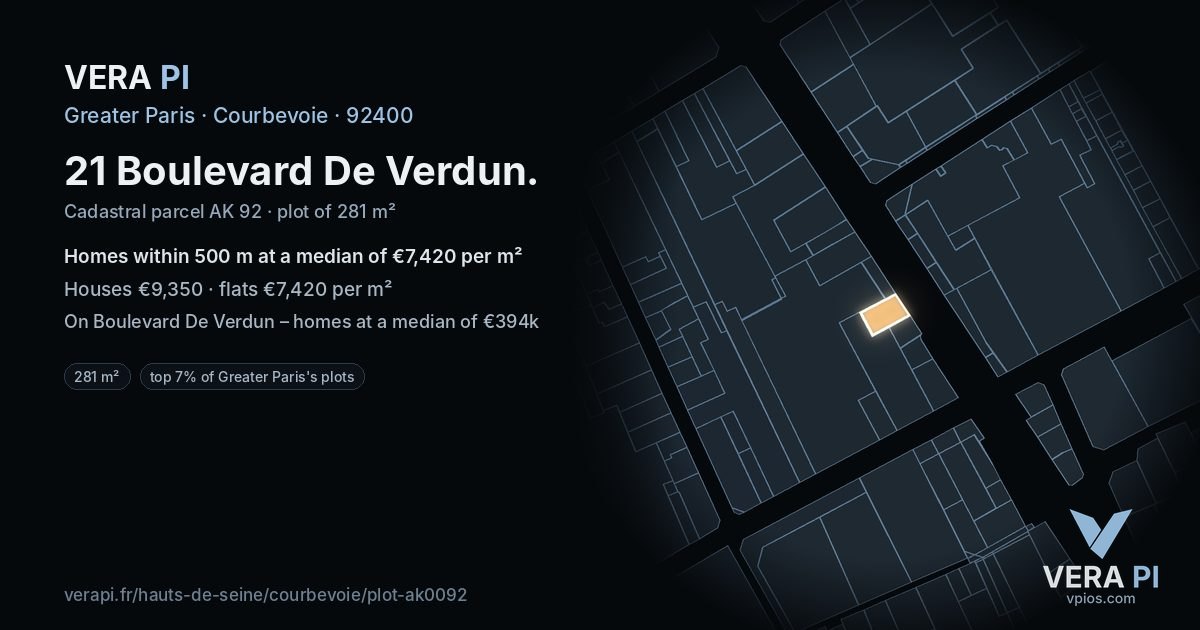 21 Boulevard De Verdun, Courbevoie at night – the plot lit, the parcels around coloured by the prices near them