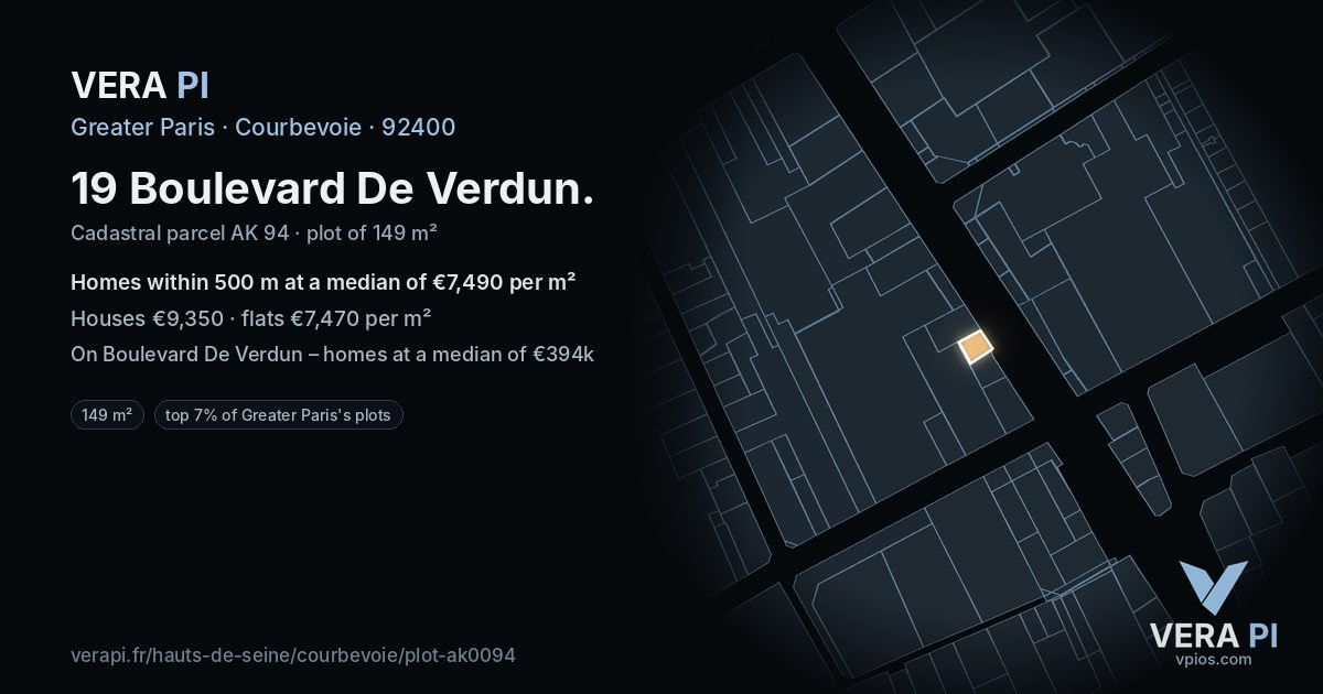 19 Boulevard De Verdun, Courbevoie at night – the plot lit, the parcels around coloured by the prices near them