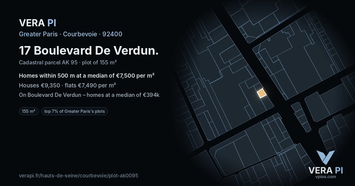 17 Boulevard De Verdun, Courbevoie at night – the plot lit, the parcels around coloured by the prices near them