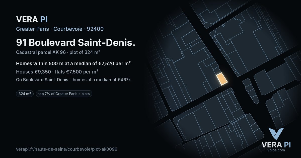 91 Boulevard Saint-Denis, Courbevoie at night – the plot lit, the parcels around coloured by the prices near them