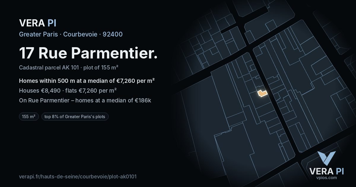 17 Rue Parmentier, Courbevoie at night – the plot lit, the parcels around coloured by the prices near them