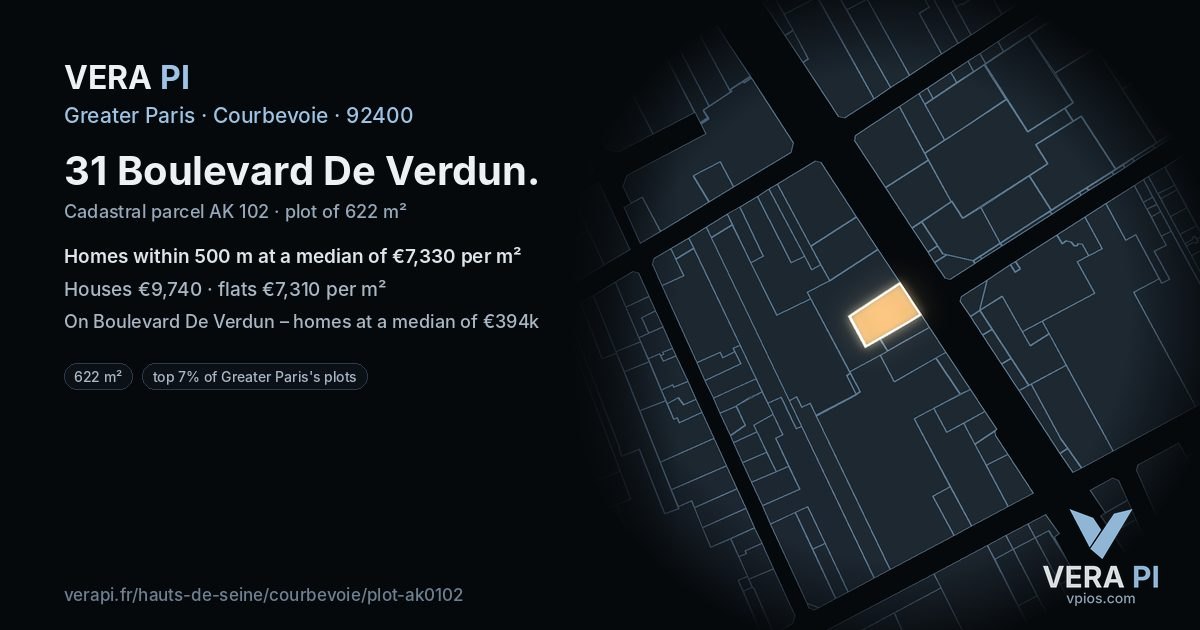 31 Boulevard De Verdun, Courbevoie at night – the plot lit, the parcels around coloured by the prices near them