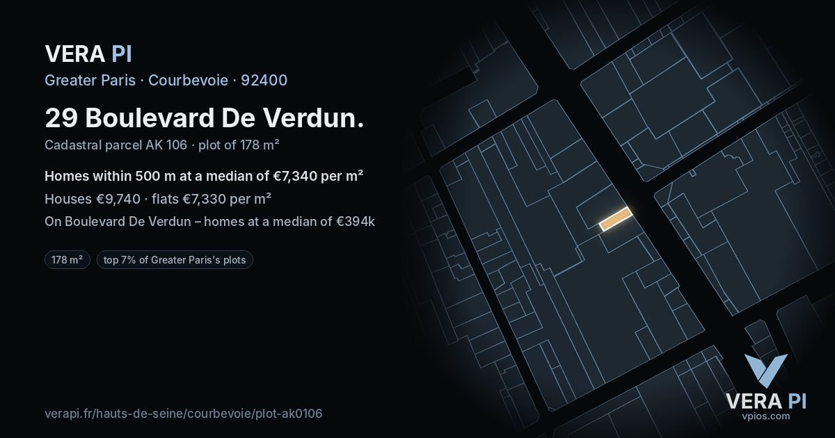29 Boulevard De Verdun, Courbevoie at night – the plot lit, the parcels around coloured by the prices near them